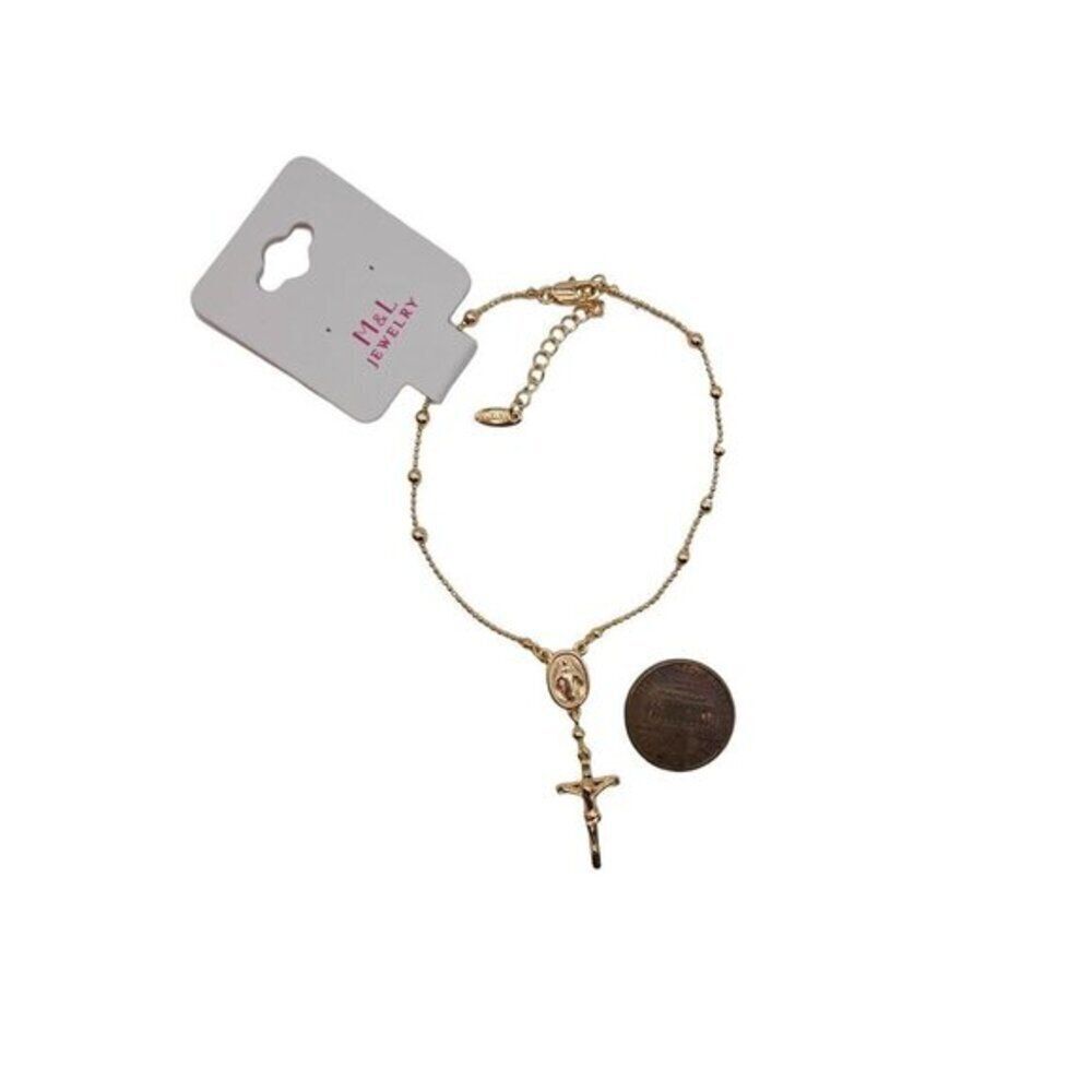 14K Gold Filled Rosary Cross Bead Charm Link Chain Bracelet Adjustable - Picture 2 of 3